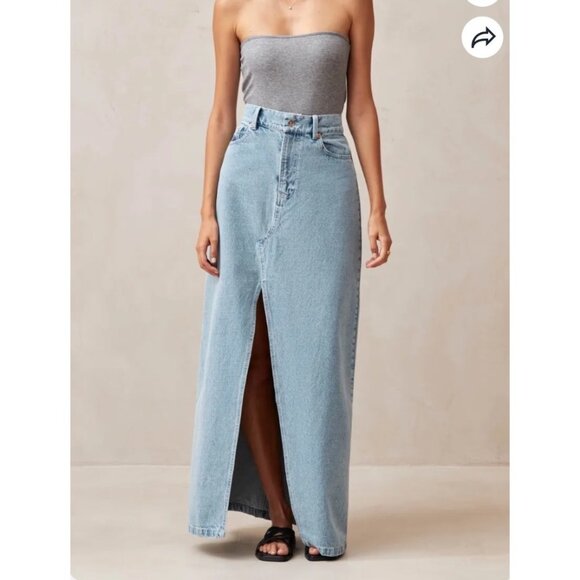 NEW Alohas Marina Denim Column Maxi Skirt Light Blue Wash Slit Front High-Rise - Picture 3 of 14